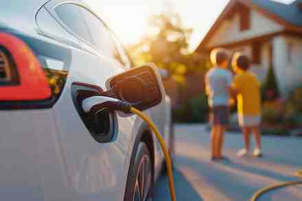 E-Auto wird aufgeladen im Hintergrund zwei Kinder