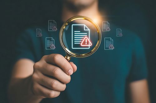 Formular-Icon mit Rufzeichen auf einer Lupe